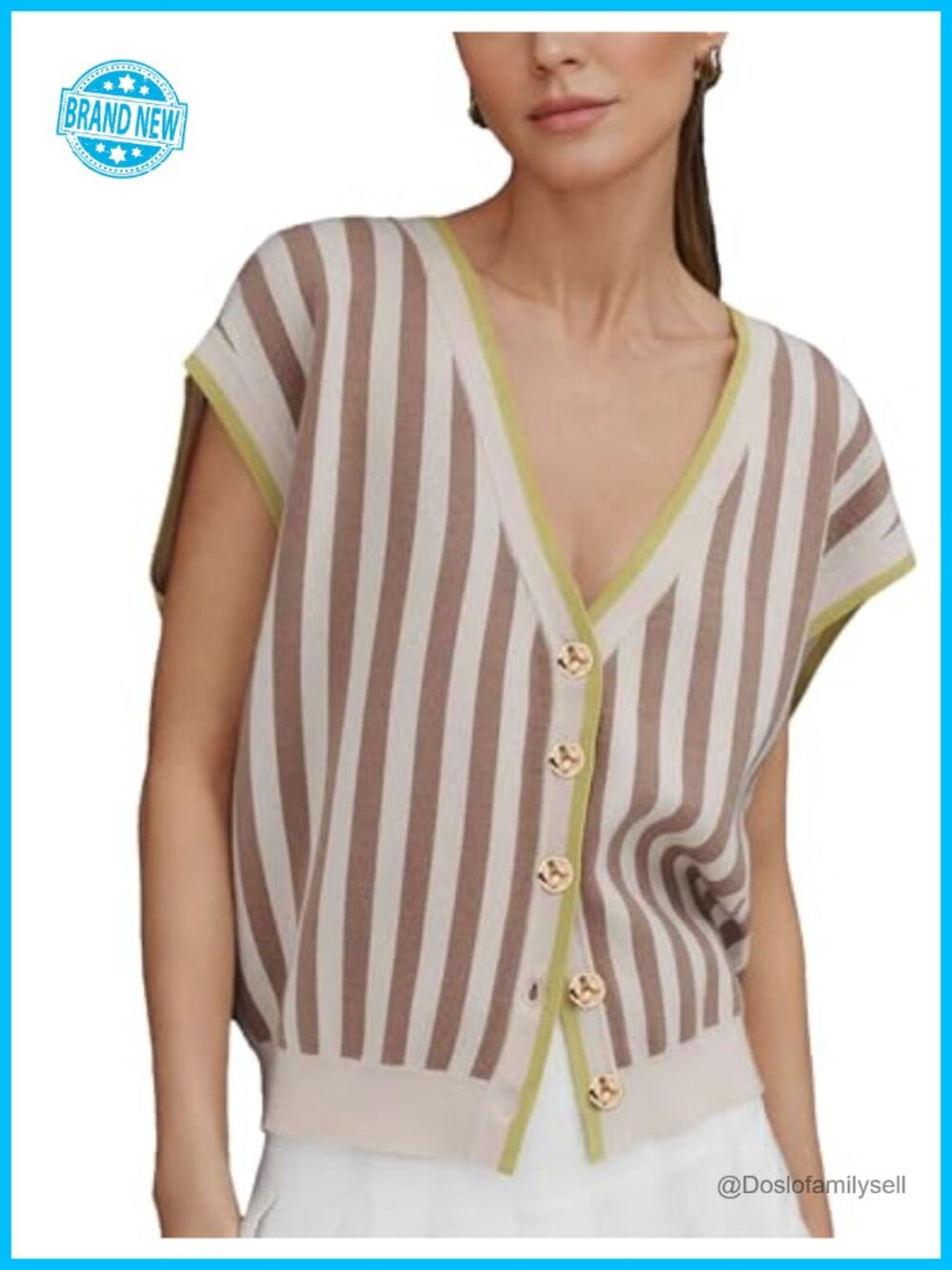 Women Striped Knit Cardigan Sweater Vest Golden Button Cap Sleeve V Neck